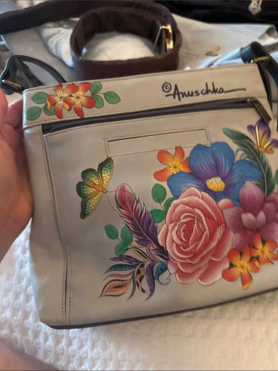 Anuschka Handbags - Anuschka Hand-Painted Floral Crossbody Bag in Light Gray with Multicolor Artwork